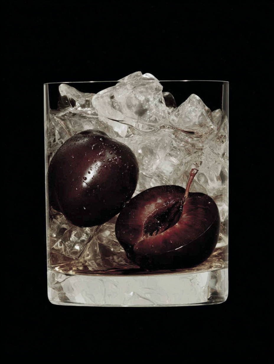 Two plums on a block of ice against a black background