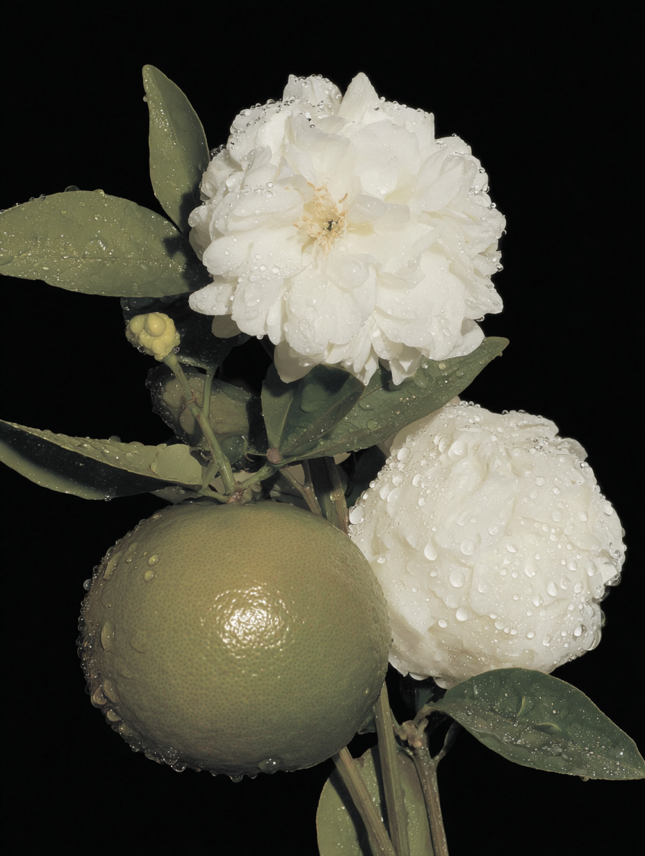 White flowers and a green fruit with water droplets on a black background